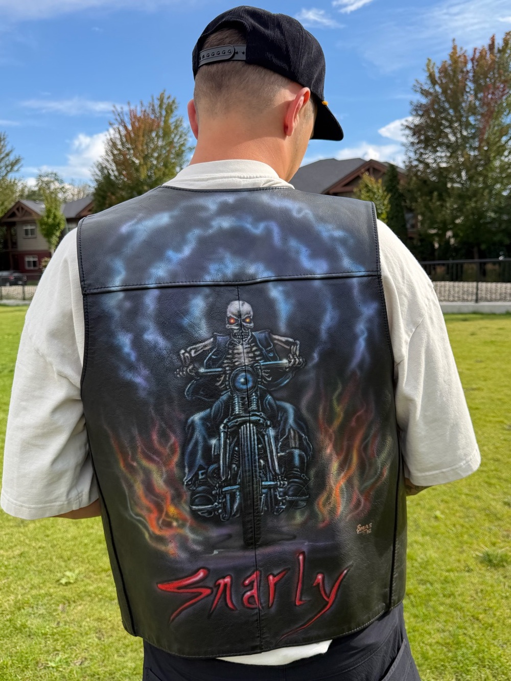 Harley-Davidson Black Leather Vest with Airbrushed Motorcycle Skull Backpiece